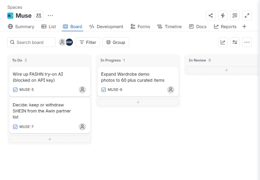 Jira board for the MUSE project, showing To Do, In Progress, and In Review columns